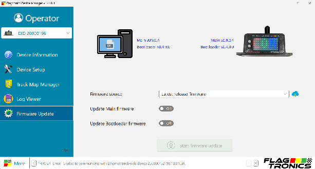 Firmware Update tab showing matching Main and Bootloader versions on the computer and on the FT-200