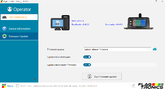 Firmware Update tab with both Update Main firmware and Update Bootloader firmware toggled on